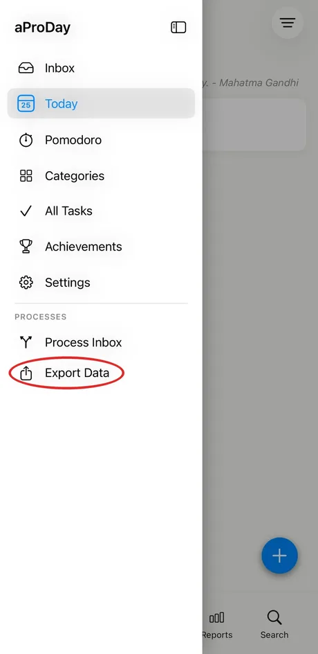 aProDay menu with Export Data circled under Processes