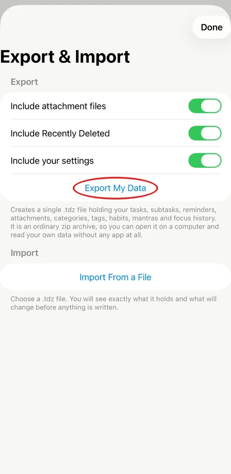 Export and Import screen with Export My Data circled