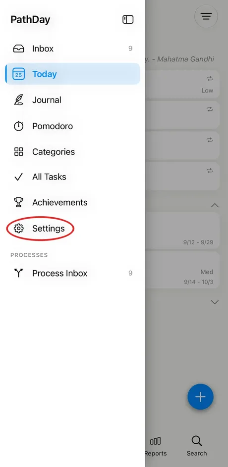 PathDay menu with Settings circled