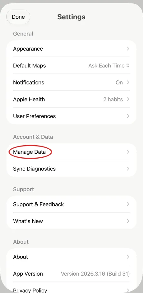 PathDay Settings with Manage Data circled