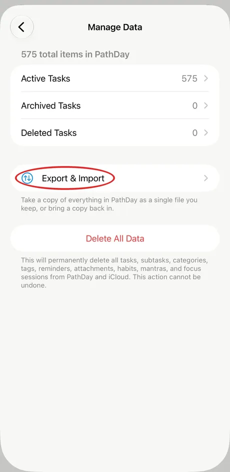 PathDay Manage Data with Export and Import circled