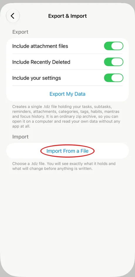 PathDay Export and Import with Import From a File circled